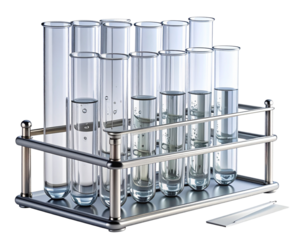 Laboratory test tubes filled with clear liquid in a metal rack