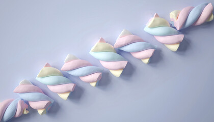 Pastel marshmallows twisted in a row on a light purple background.