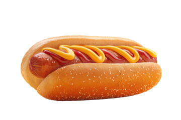 Hot dog with ketchup and mustard on bun with sesame seeds hotdog sausage, Isolated On Transparent Background, Png Cut Out