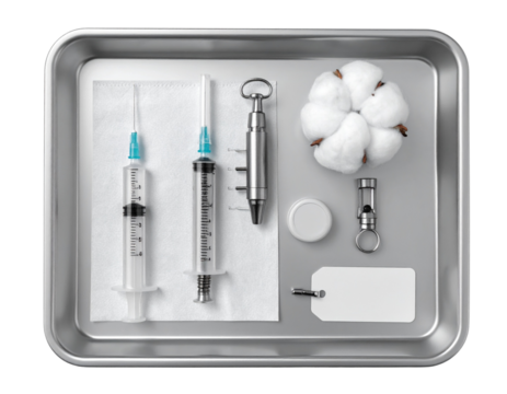 Medical tray with syringes cotton swabs and instruments