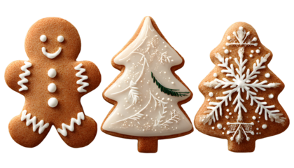 set of gingerbread cookies with the shape of a man, a snowflake and a Christmas tree with white icing on transparent. Christmas gingerbread