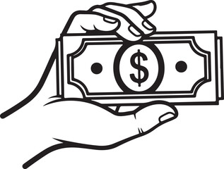Hand holding dollar bills icon vector with black and white outline, editable stroke design for payment, finance, money transaction, and economic exchange themes.