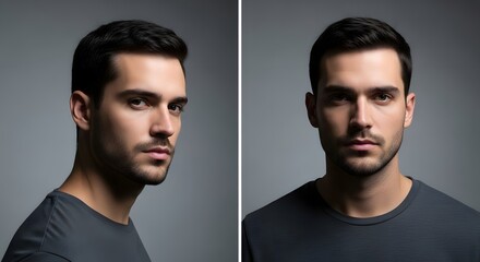 Two portraits of a young man with dark hair and a serious expression, set against a neutral gray background, emphasizing facial features and grooming details