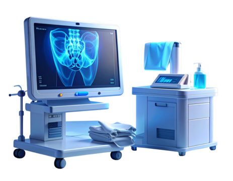 Advanced medical imaging equipment displaying skeletal scan
