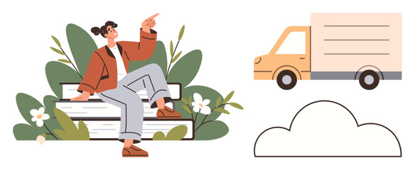 Young woman pointing while sitting on books surrounded by greenery, along with a delivery truck and cloud outline. Ideal for learning, logistics, sustainability, education, progress, connectivity
