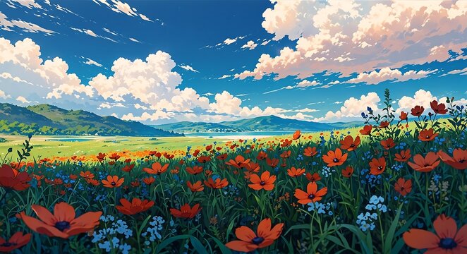 Vibrant anime landscape of a poppy field with blue flowers under a clear blue sky and fluffy clouds, serene nature scenery.