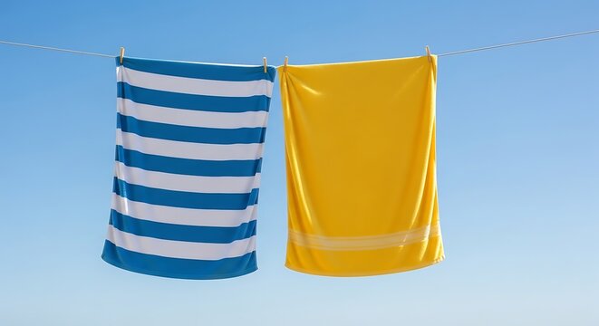 Two colorful beach towels hanging against a clear blue sky. - Powered by Adobe