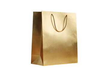 Single golden gift bag with cord handle against black background metallic, Isolated On Transparent Background, Png Cut Out