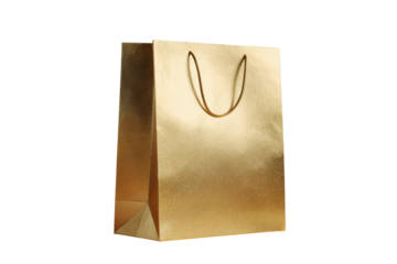 Single golden gift bag with cord handle against black background metallic, Isolated On Transparent Background, Png Cut Out