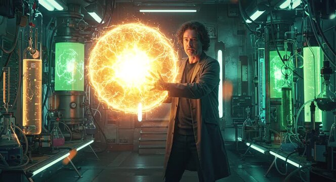 man holds glowing energy light in hand creating magical dynamic effect
Seamless looping, virtual video animation background. Generated AI