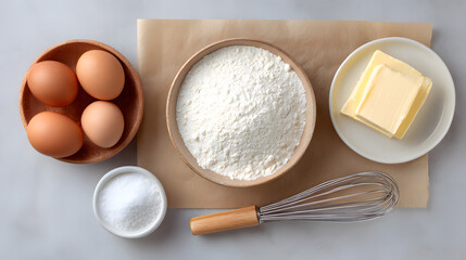 baking flat lay with flour butter eggs, generation AI 