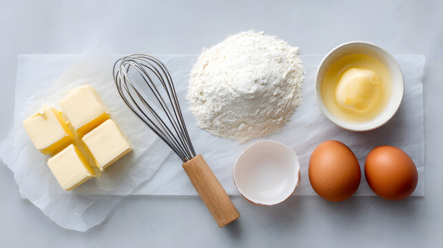 baking flat lay with flour butter eggs, generation AI 