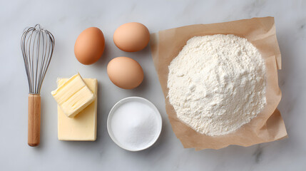 baking flat lay with flour butter eggs, generation AI 