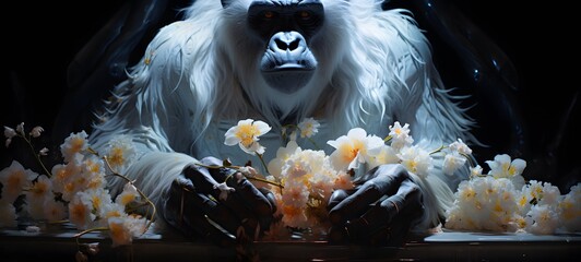 A white gorilla , a small creature made of glass that is sitting in the palm of your hand,generative AI
