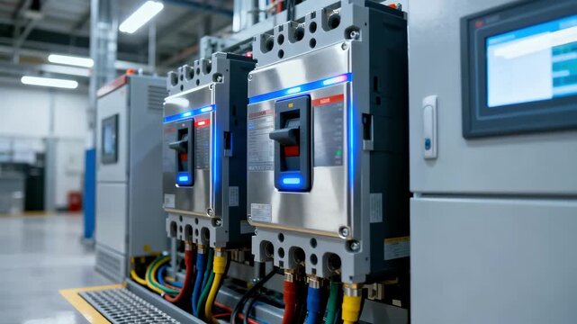 Medium shot of indoor distribution switchgear upgrades showcasing modern circuit breakers and control panels for improved electrical reliability and safety.