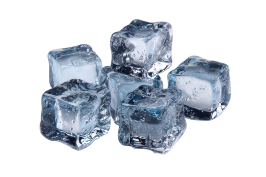 Pile of clear translucent ice cubes with blue tint and bubbles against black background frozen, Isolated On Transparent Background, Png Cut Out