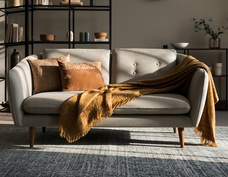 Stylish living room decor showcasing cozy couch with throw blanket and pillows creating inviting space for relaxation and quiet reading time at home