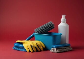 Cleaning tools are set aside, indicating a pause or complete abandonment of household tasks for other pursuits and relaxation ,procrastination ,sponge ,disinterest