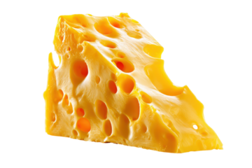Yellow Swiss cheese wedge with many holes against black background food dairy, Isolated On Transparent Background, Png Cut Out