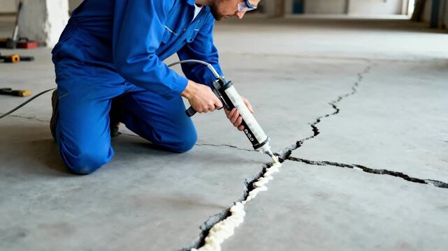 Medium shot of a technician applying injection foam into wide cracks on a concrete floor to enhance stability and longevity