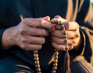 Contemplative moment with prayer beads in hand, offering a serene sense of peace and reflection for spiritual guidance and religious devotion themes