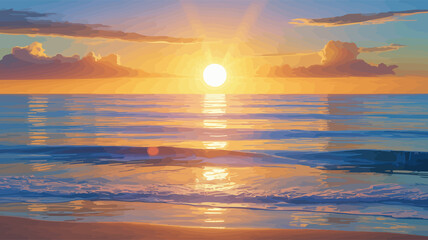 Golden sunset over the ocean with gentle waves reflecting the warm light