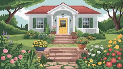 Charming suburban house with a vibrant garden and red roof on a sunny day