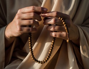 Peaceful hands holding prayer beads in quiet reflection, finding inner peace and spiritual connection, promoting mindfulness and serenity for wellness brands