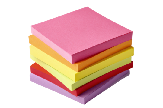 Stack of colorful paper squares pink orange yellow red purple on black image, Isolated On Transparent Background, Png Cut Out