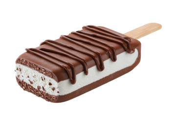 Chocolate covered ice cream bar with white filling and chocolate drizzle frozen, Isolated On Transparent Background, Png Cut Out