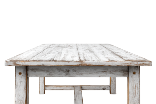 Rustic white wooden table with distressed paint and visible grain image, Isolated On Transparent Background, Png Cut Out