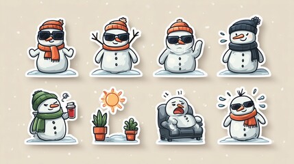 cute snowman sticker set showing multiple emotions in clean minimalist vector style
