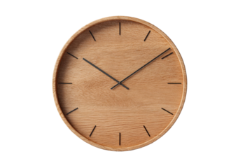 Minimalist wooden wall clock with black hands and markers on black background time natural, Isolated On Transparent Background, Png Cut Out