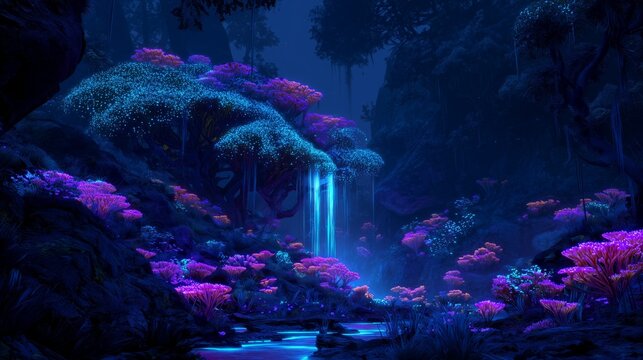 bioluminescent mushroom forest with neon glowing flora and mystical night waterfall