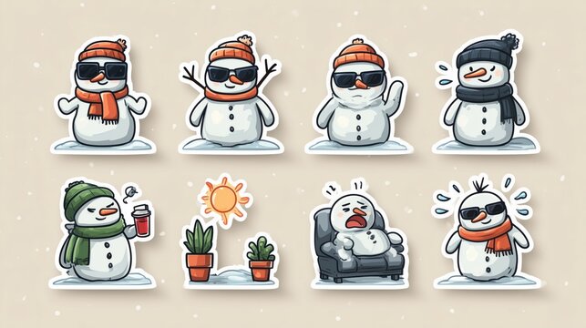 cute snowman sticker set showing multiple emotions in clean minimalist vector style