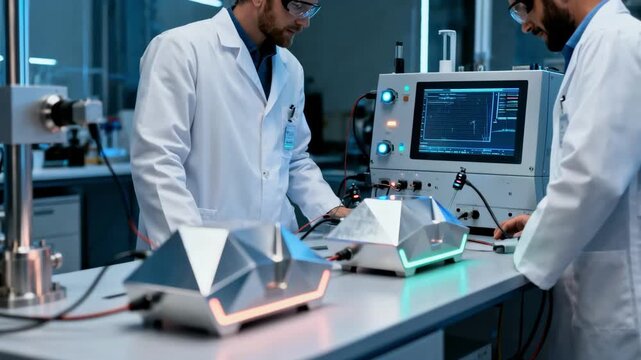 Medium shot of experimental superconductor prototypes undergoing testing emphasizing innovative design and cuttingedge research processes.