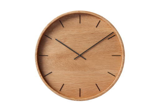 Minimalist wooden wall clock with black hands and markers on black background time natural, Isolated On Transparent Background, Png Cut Out