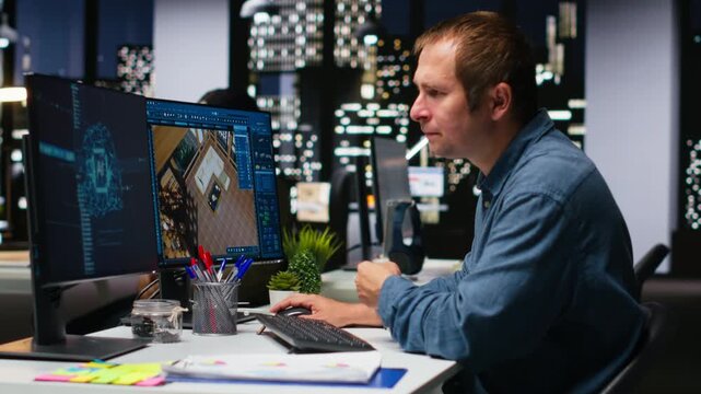 Professional male expert using artificial intelligence to design a floor plan, working with neural networks and computer aided apartment layout on architectural software. Camera B.
