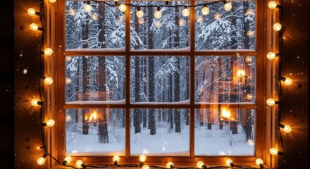 Cozy winter scene through a window adorned with twinkling lights