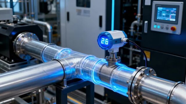 Medium shot of a smart pipe encapsulation system with glowing sensors monitoring gas flow in a hightech industrial environment