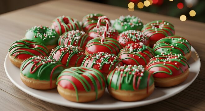 Festive holiday mini donuts with red and green icing and sprinkles