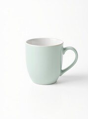 Fototapeta premium Minimalist light green ceramic mug with handle on white background, isolated and simple design