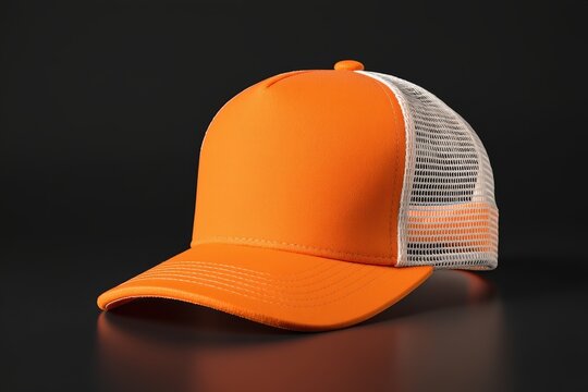 Bright orange and white trucker cap with mesh back on dark background, showcasing modern casual style