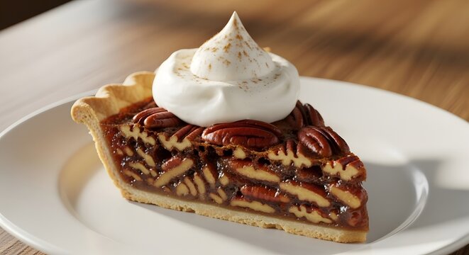 Delicious slice of pecan pie topped with meringue on a white plate