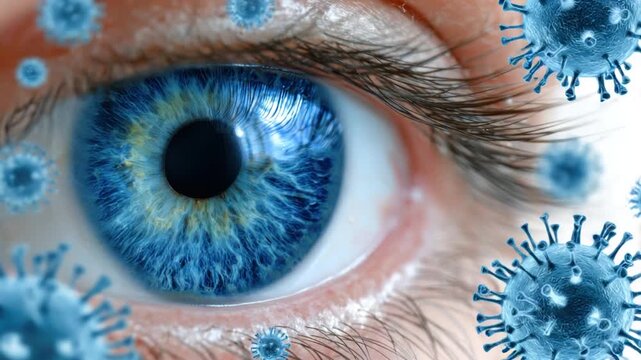 A vibrant blue human eye with surrounding eyelashes, with scattered blue virus-like particles