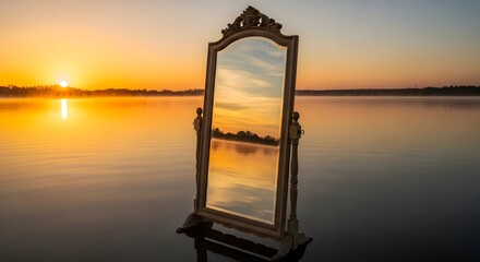 A vintage full-length mirror standing on a calm body of water during sunset, reflecting the colorful sky and creating a surreal and tranquil scene