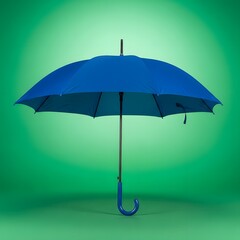 A vibrant blue umbrella with a curved handle standing open against a bright green background, showcasing a simple yet striking design perfect for weather protection or artistic displays