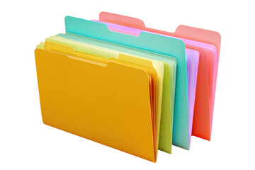 Stack of colorful plastic document folders with tabs on black background organizer stationery, Isolated On Transparent Background, Png Cut Out