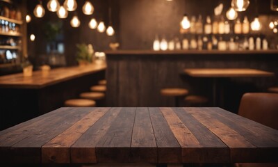 Warm inviting pub interior with rustic wood table ready for drinks and good times, perfect for social gatherings and restaurant advertising campaigns