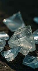 Close-up of aged, milky glass fragments scattered on natural ground, showing weathered textures and subtle iridescence from time ,rustic ,decay ,background
